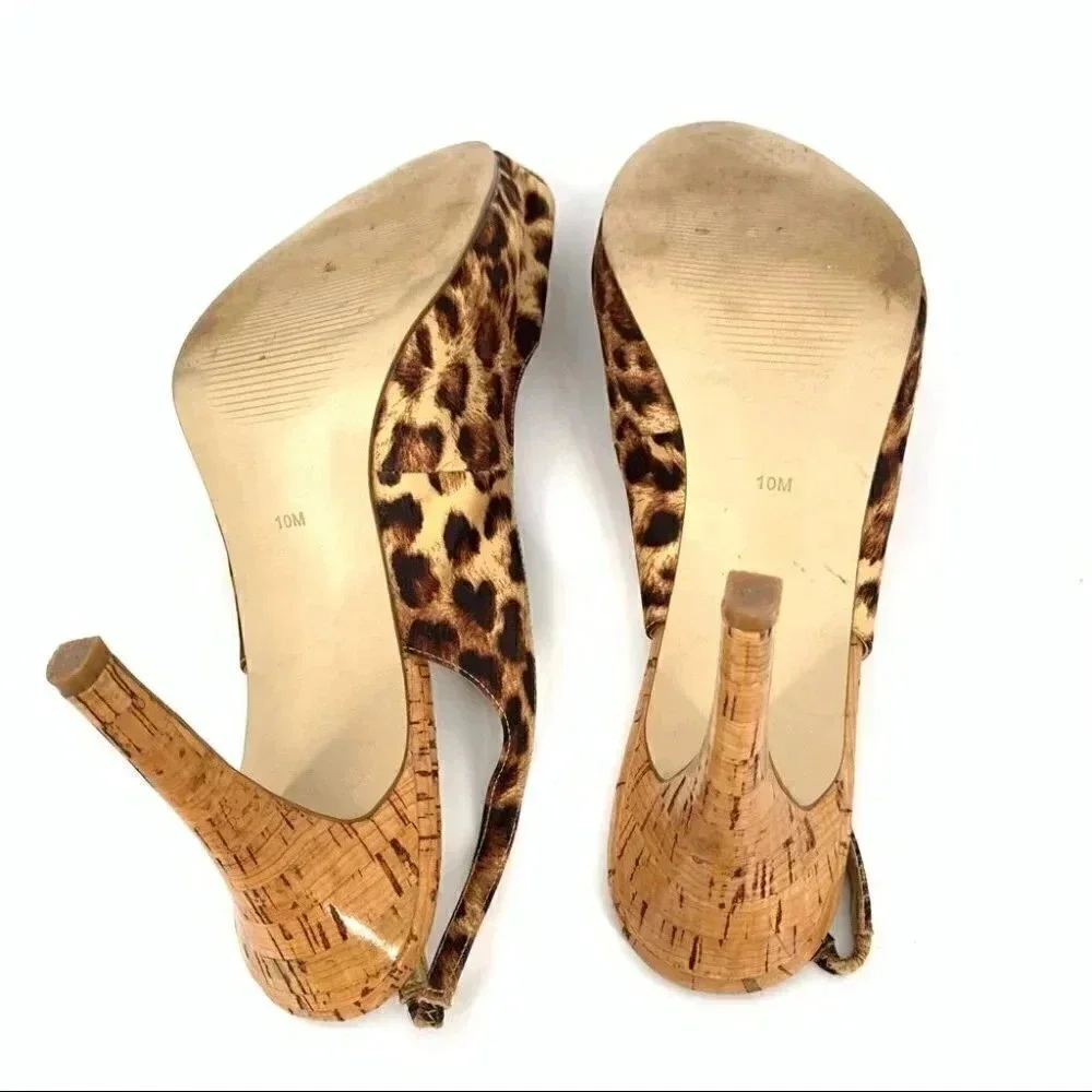 Guess womens heels size 10 brown cheetah print faux cork platform slingbacks